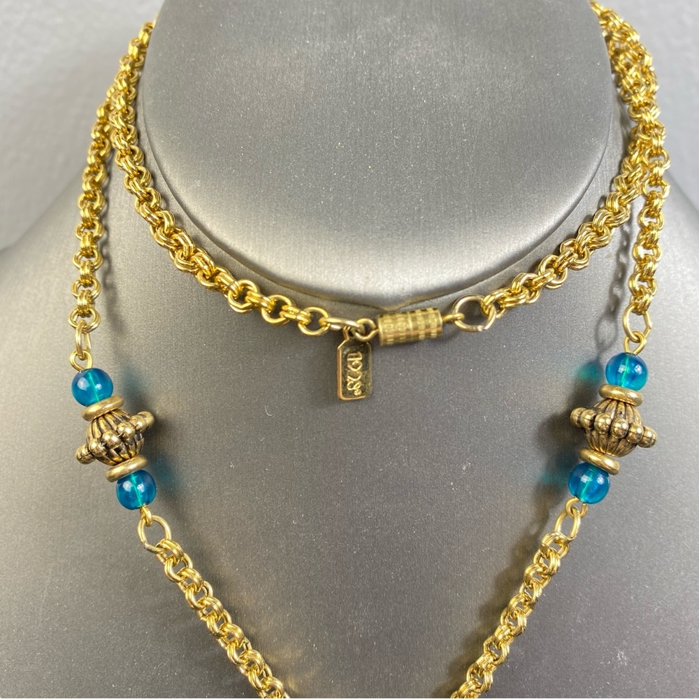 Vintage 1928 Chain Necklace Gold Tone Faux Pearl & Blue Green Cabochons 28" - Picture 2 of 12
